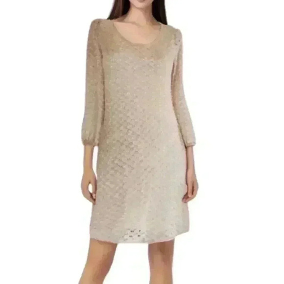 Lucky Brand Dress Mini Length Long Sleeves Gold Crochet Top Cream Y2K Women XS - Picture 1 of 14